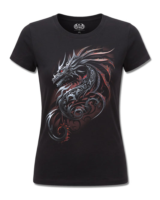 Spiral Dragon Shards design, front view on Black F775, Rock Off Retail official merch