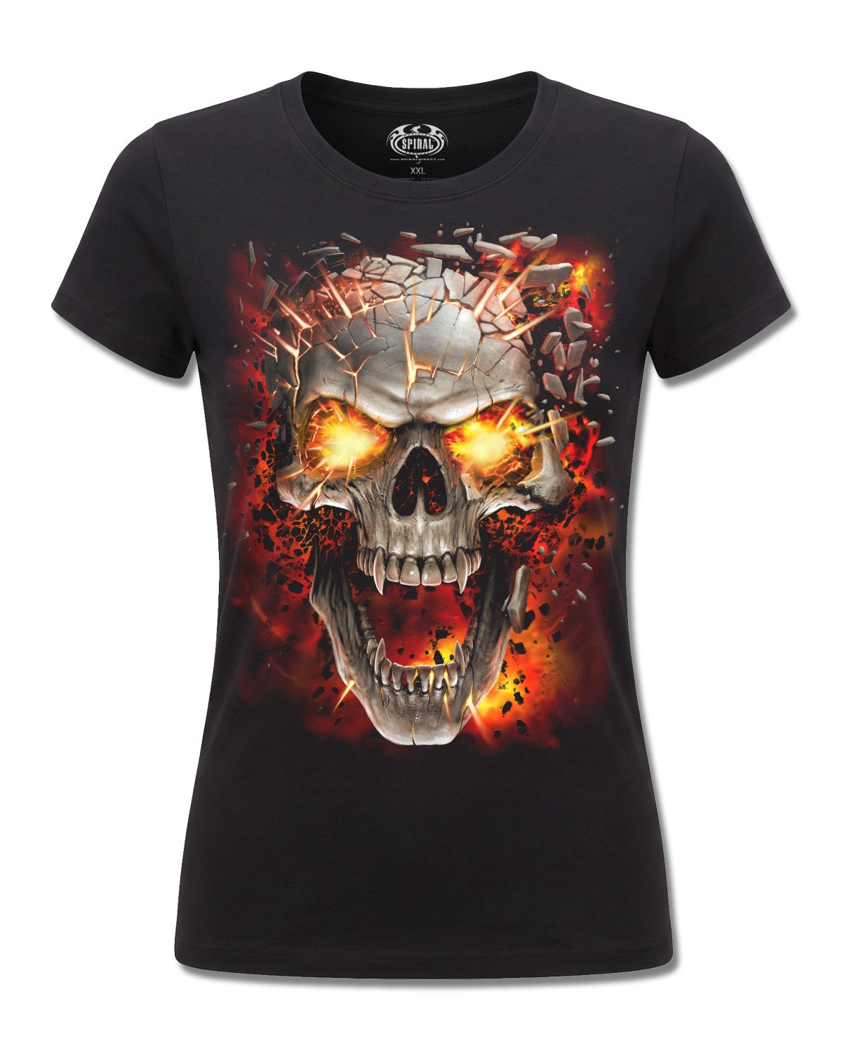 Spiral Skull Blast design, front view on Black F775, Rock Off Retail official merch