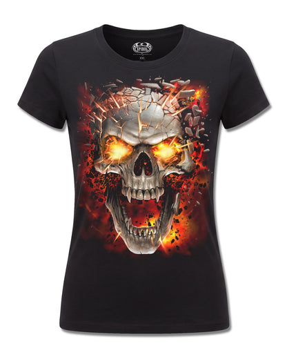 Spiral Skull Blast design, front view on Black F775, Rock Off Retail official merch