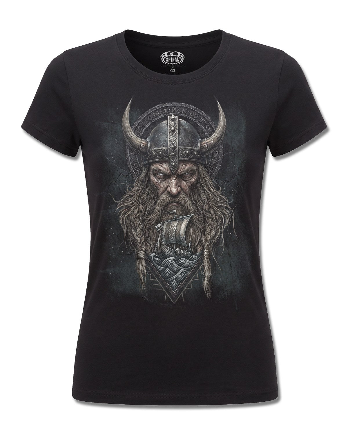 Spiral Viking Norseman design, front view on Black F775, Rock Off Retail official merch