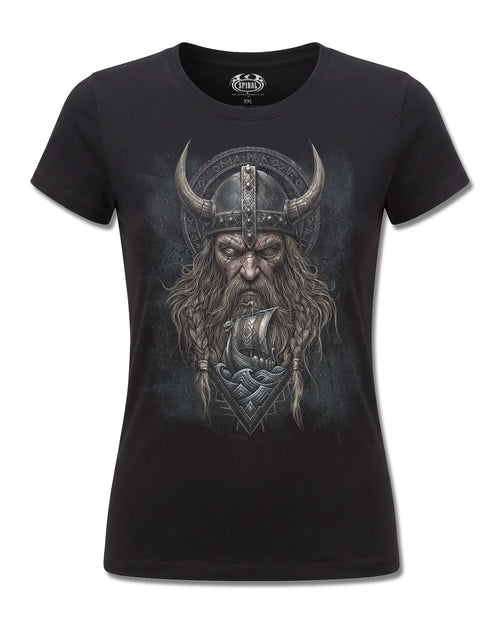 Spiral Viking Norseman design, front view on Black F775, Rock Off Retail official merch