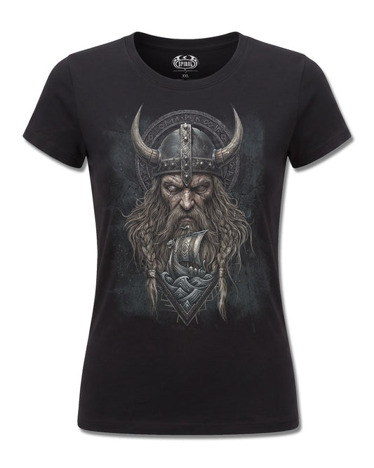 Spiral Viking Norseman design, front view on Black F775, Rock Off Retail official merch