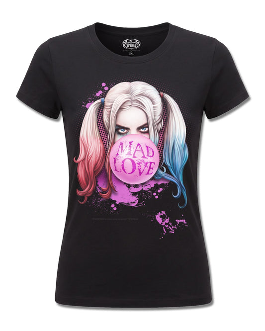DC Comics Harley Quinn Mad Love (Harley Quinn) design, front view on Black F775, Rock Off Retail official merch
