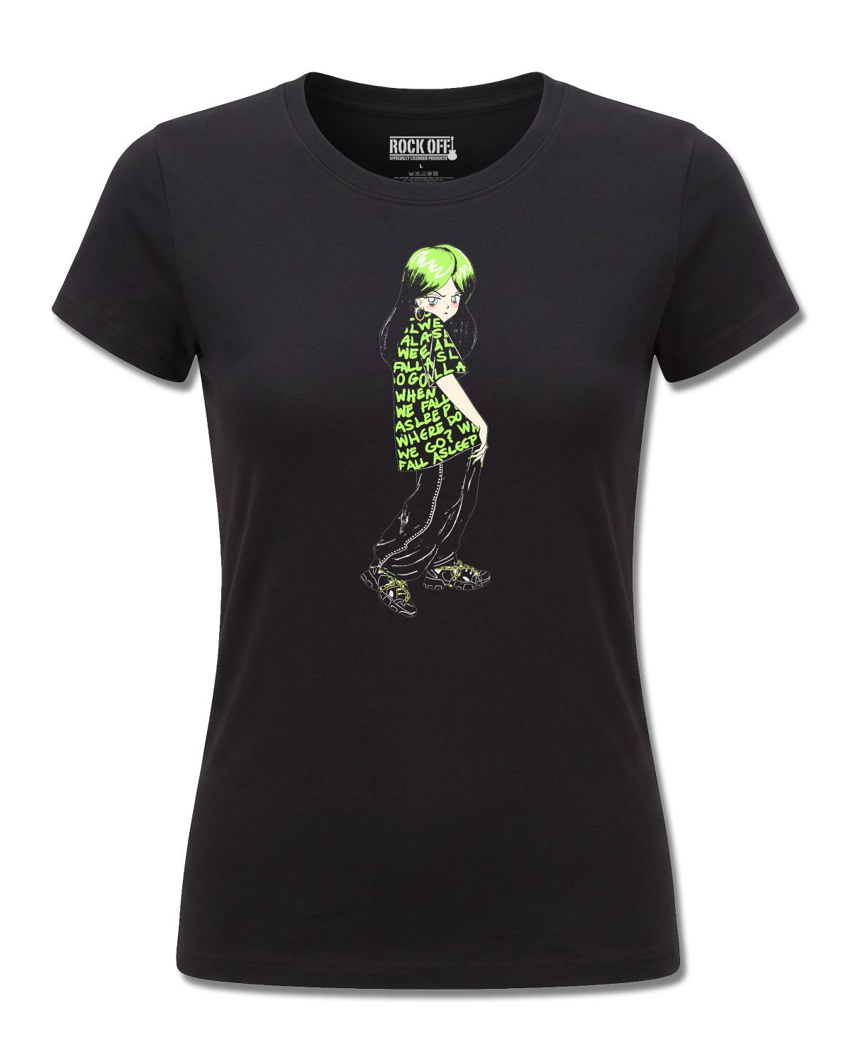 Billie Eilish Anime Billie (Billie Eilish) design, front view on Black F775, Rock Off Retail official merch