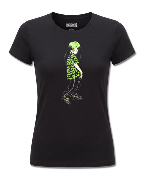 Billie Eilish Anime Billie (Billie Eilish) design, front view on Black F775, Rock Off Retail official merch