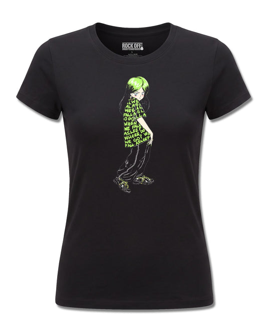 Billie Eilish Anime Billie (Billie Eilish) design, front view on Black F775, Rock Off Retail official merch
