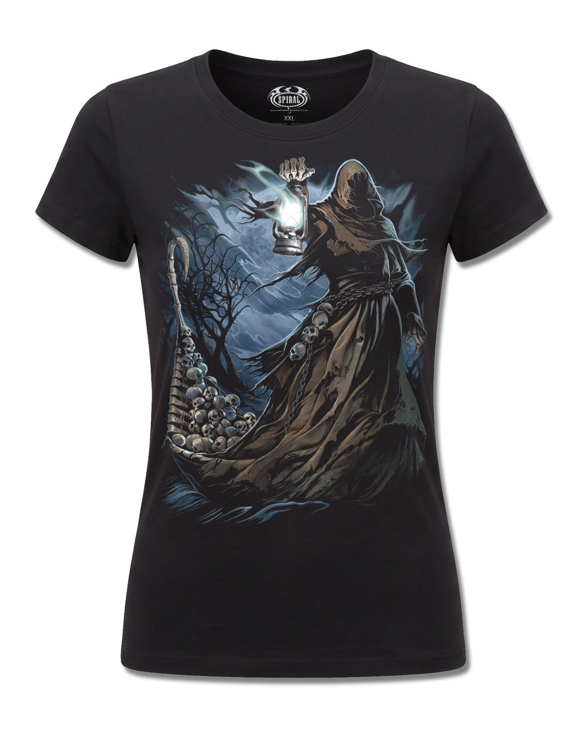 Spiral Ferryman design, front view on Black F775, Rock Off Retail official merch