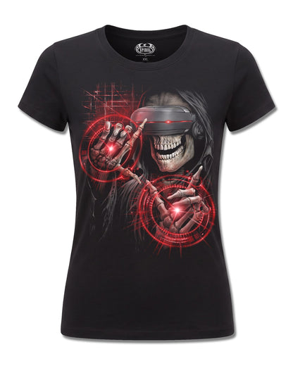 Spiral Cyber Death design, front view on Black F775, Rock Off Retail official merch