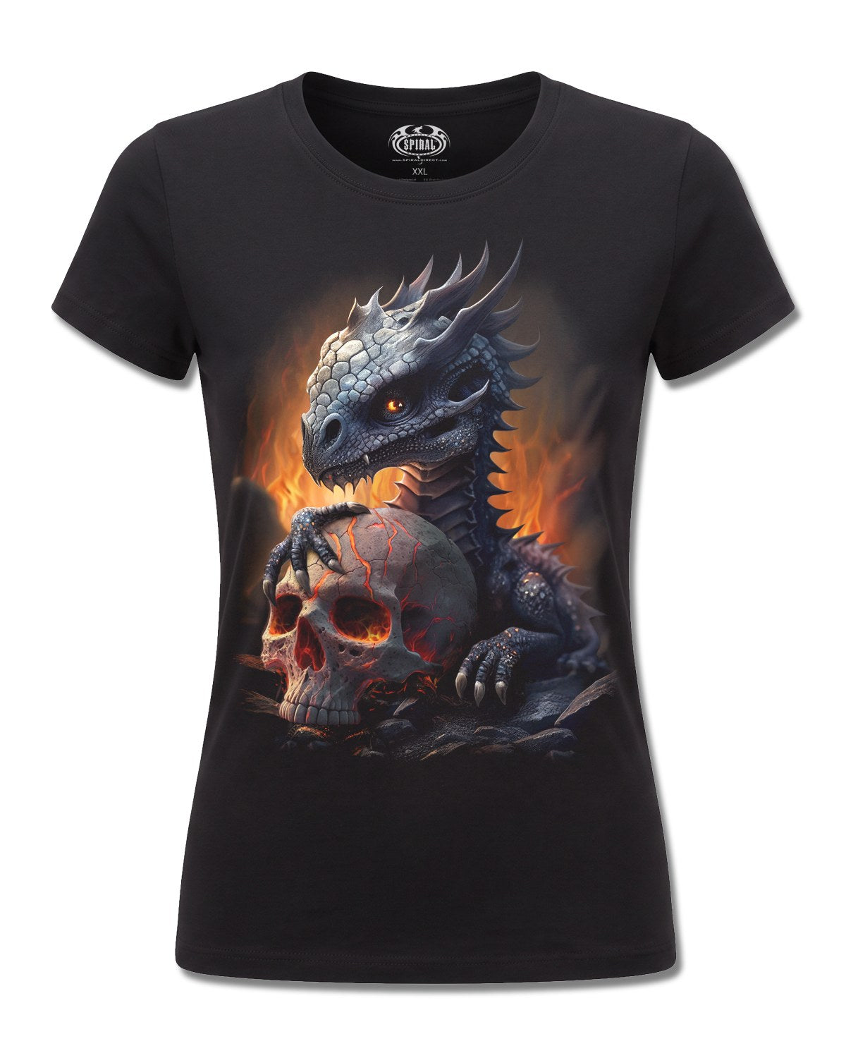 Spiral Hatchling design, front view on Black F775, Rock Off Retail official merch