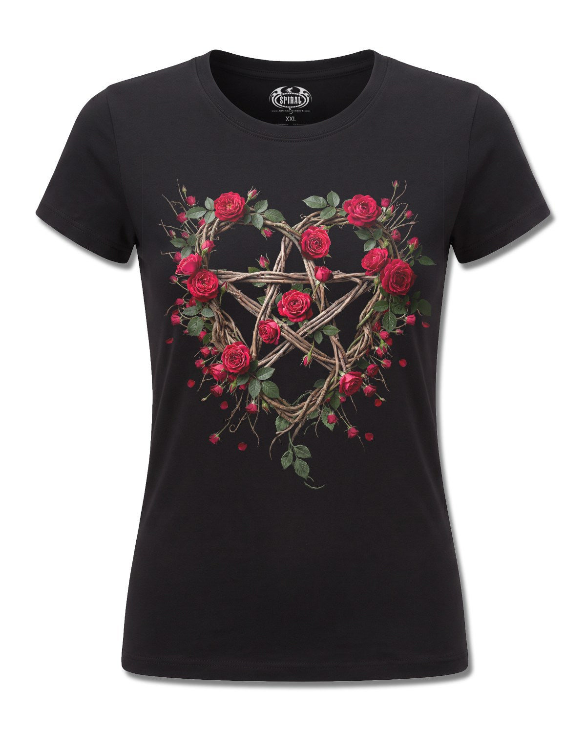 Spiral Rose Pentagram design, front view on Black F775, Rock Off Retail official merch