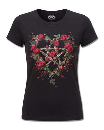 Spiral Rose Pentagram design, front view on Black F775, Rock Off Retail official merch