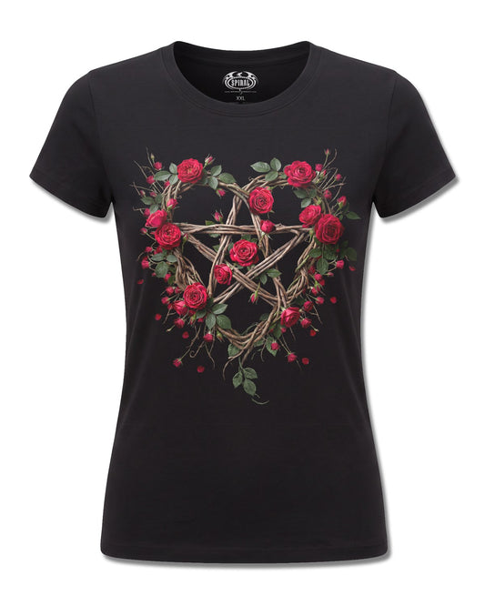 Spiral Rose Pentagram design, front view on Black F775, Rock Off Retail official merch
