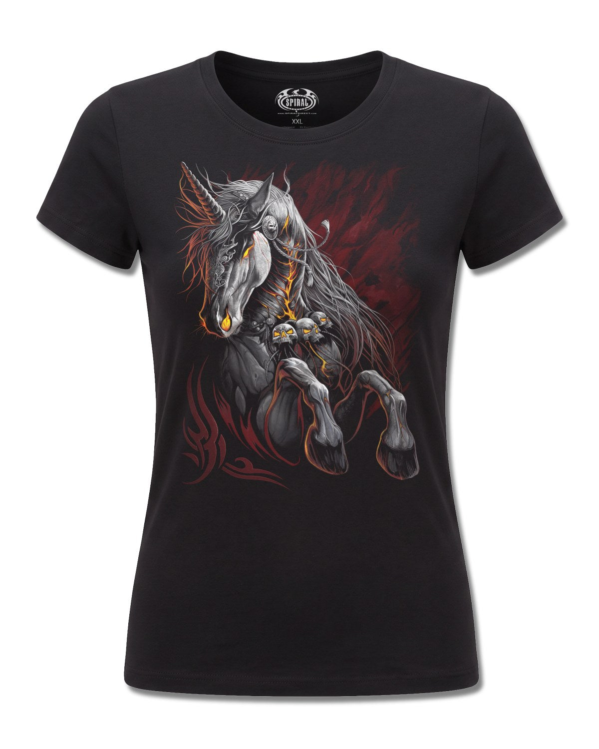 Spiral Infernal Unicorn design, front view on Black F775, Rock Off Retail official merch