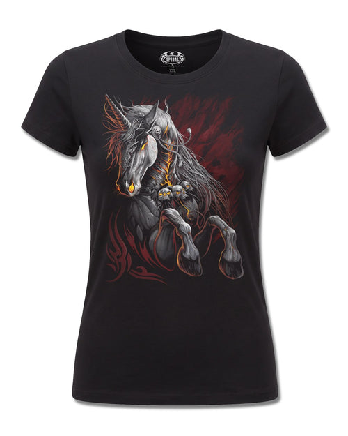 Spiral Infernal Unicorn design, front view on Black F775, Rock Off Retail official merch