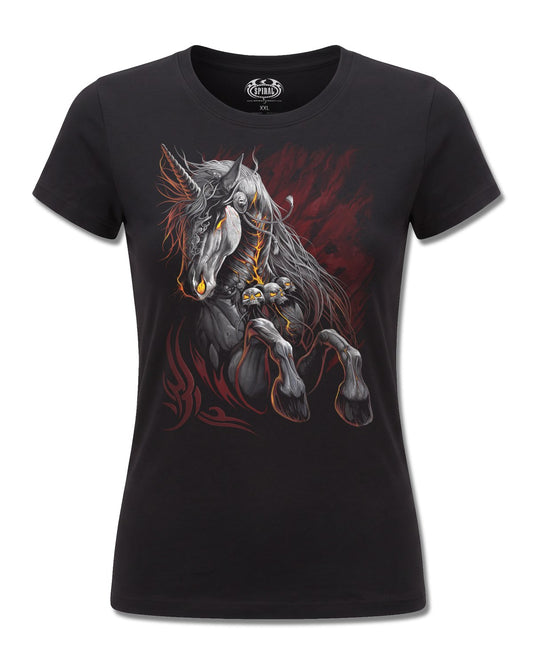 Spiral Infernal Unicorn design, front view on Black F775, Rock Off Retail official merch