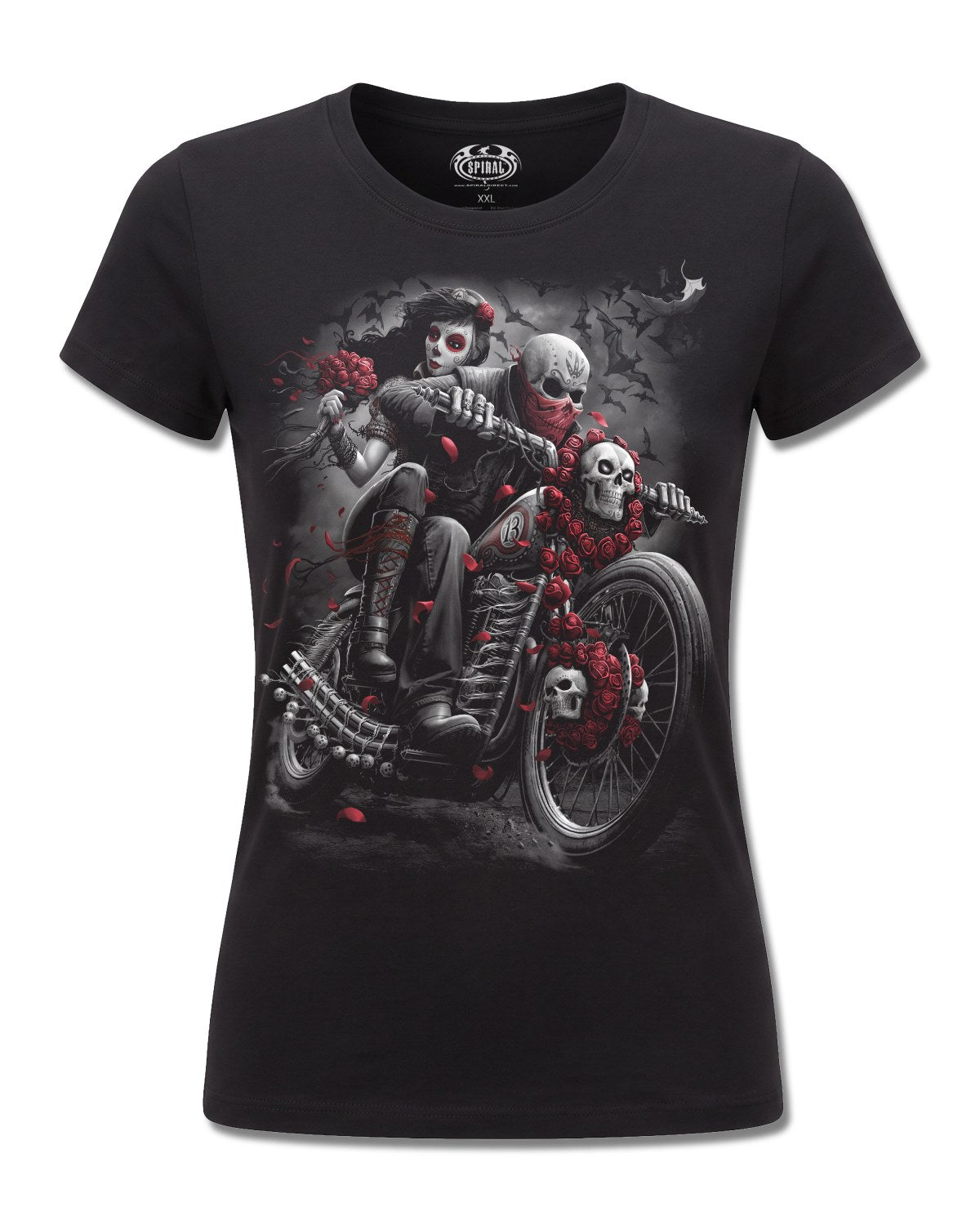 Spiral DOTD Bikers design, front view on Black F775, Rock Off Retail official merch