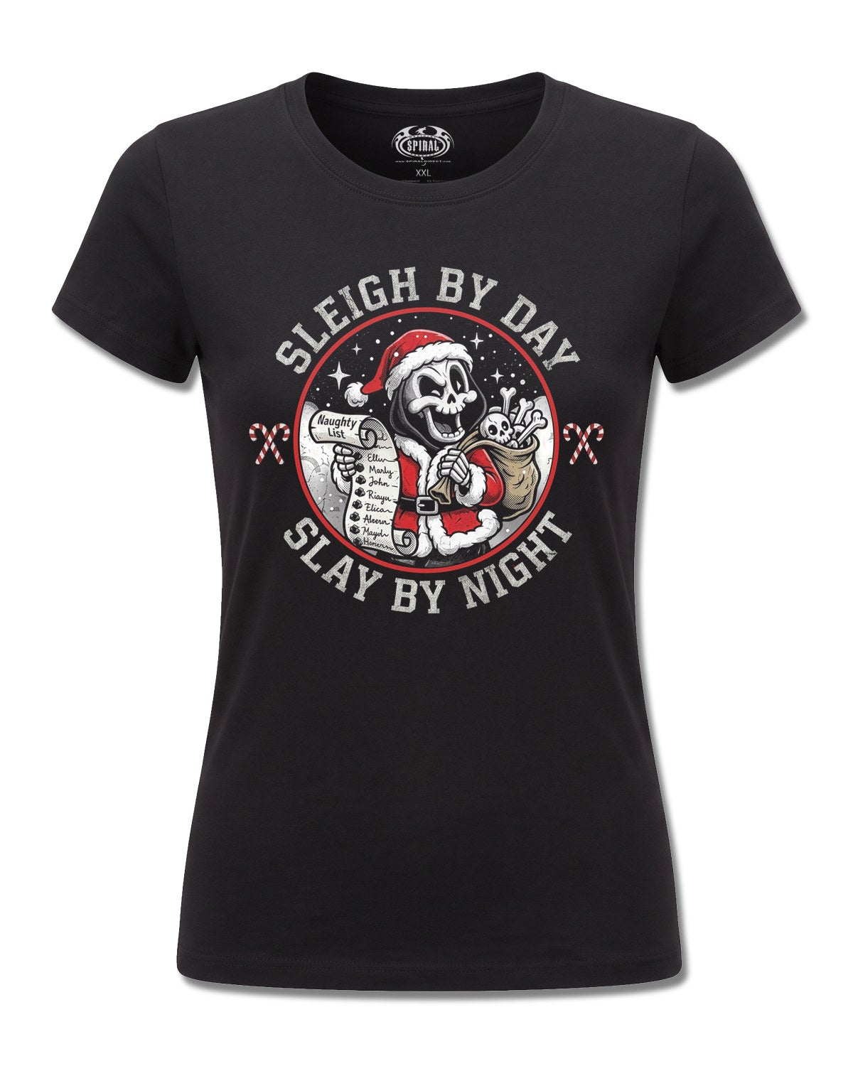 Spiral Slay By Night design, front view on Black F775, Rock Off Retail official merch