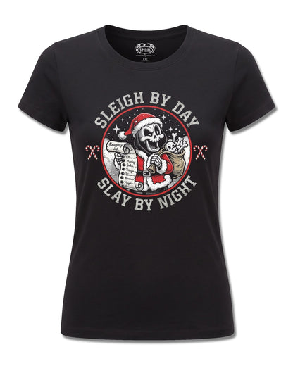 Spiral Slay By Night design, front view on Black F775, Rock Off Retail official merch