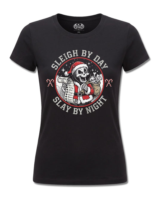 Spiral Slay By Night design, front view on Black F775, Rock Off Retail official merch