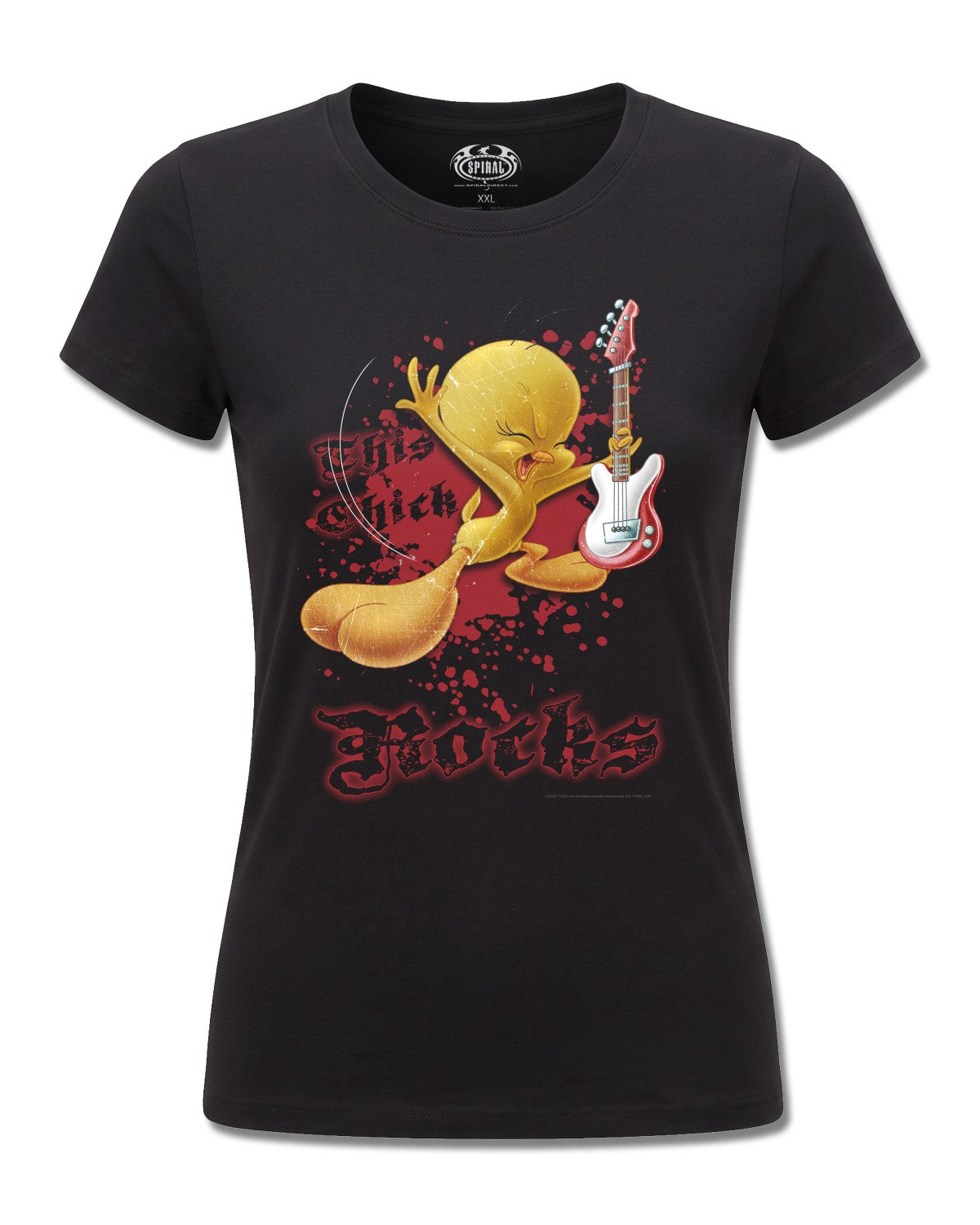 Looney Tunes Tweety This Chick Rocks (Looney Tunes) design, front view on Black F775, Rock Off Retail official merch