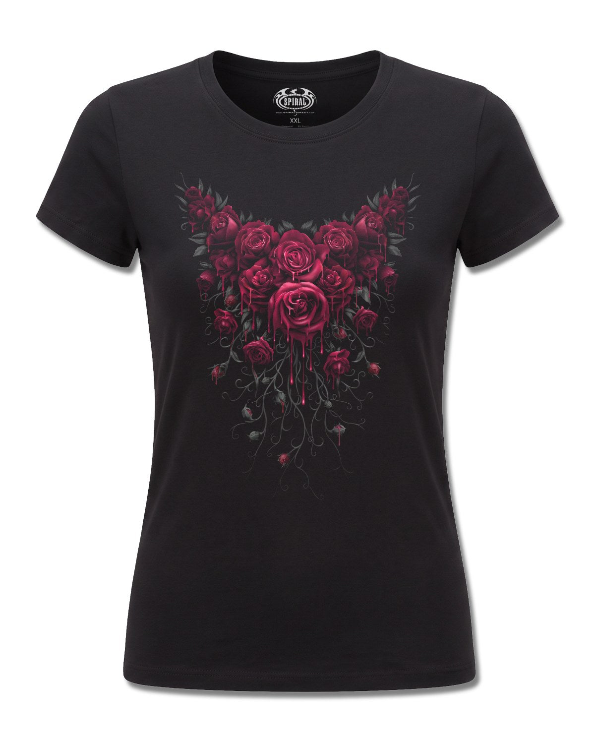 Spiral Blood Rose design, front view on Black F775, Rock Off Retail official merch