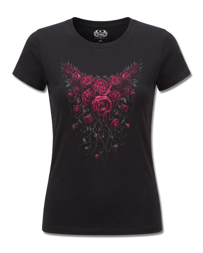 Spiral Blood Rose design, front view on Black F775, Rock Off Retail official merch