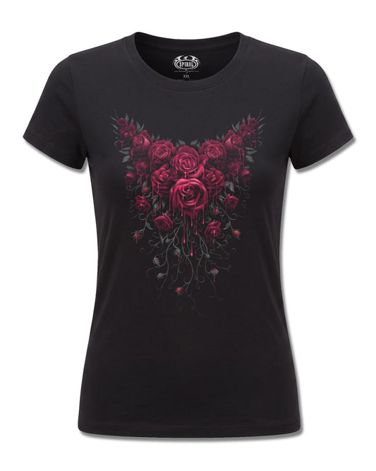 Spiral Blood Rose design, front view on Black F775, Rock Off Retail official merch