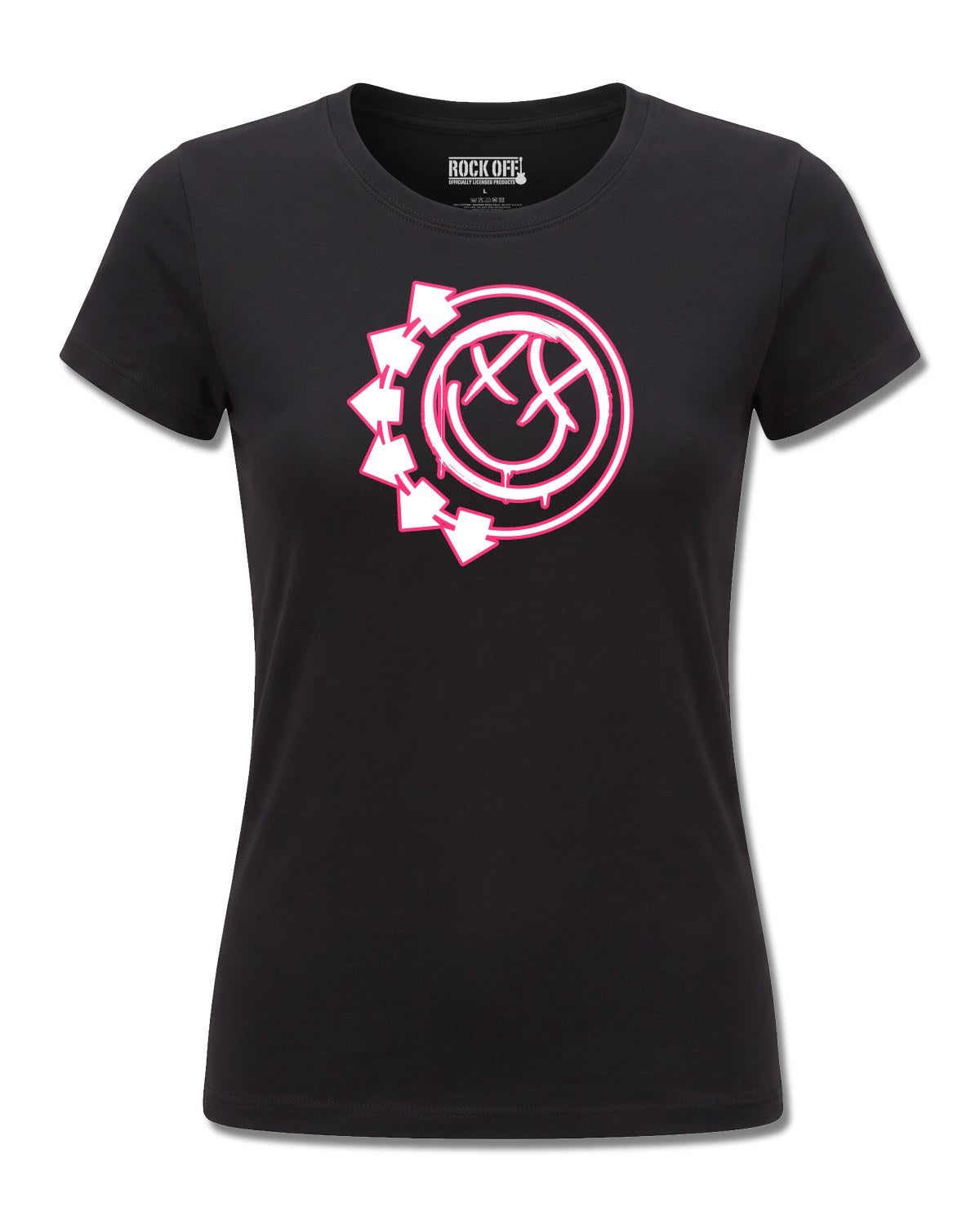 Blink-182 Six Arrow Smile (blink-182) design, front view on Black F775, Rock Off Retail official merch