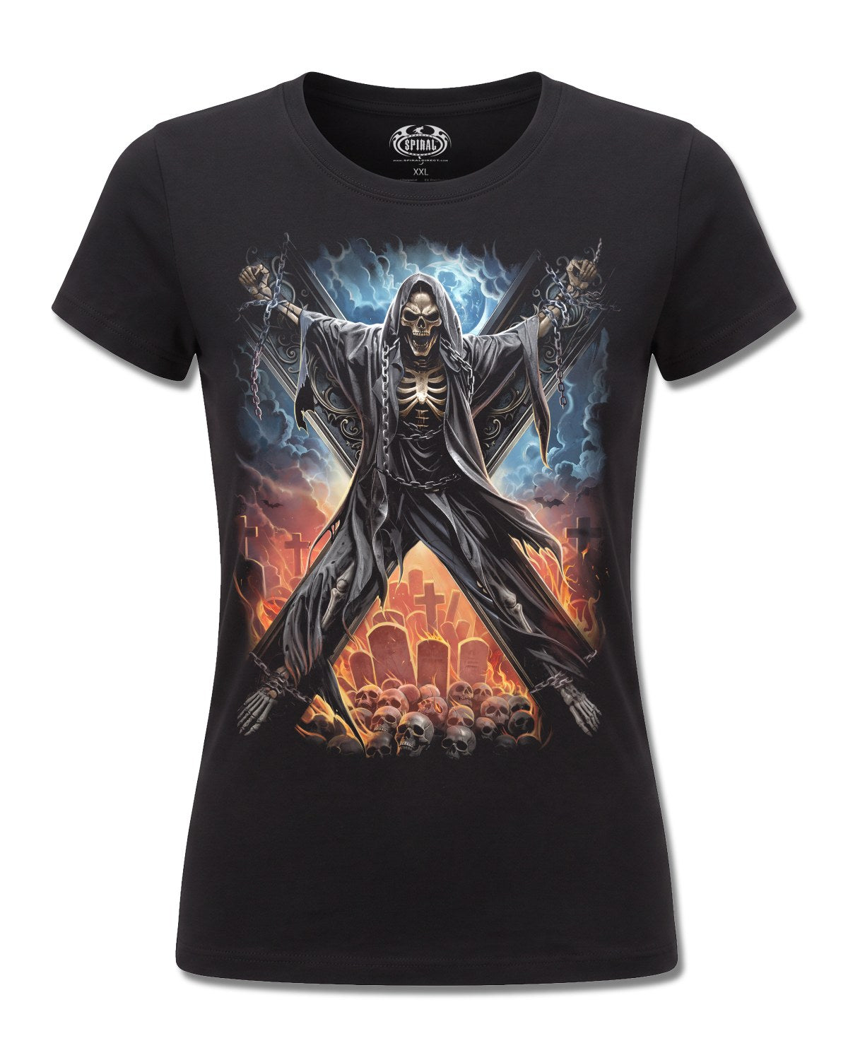 Spiral Crossed Over design, front view on Black F775, Rock Off Retail official merch