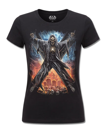 Spiral Crossed Over design, front view on Black F775, Rock Off Retail official merch