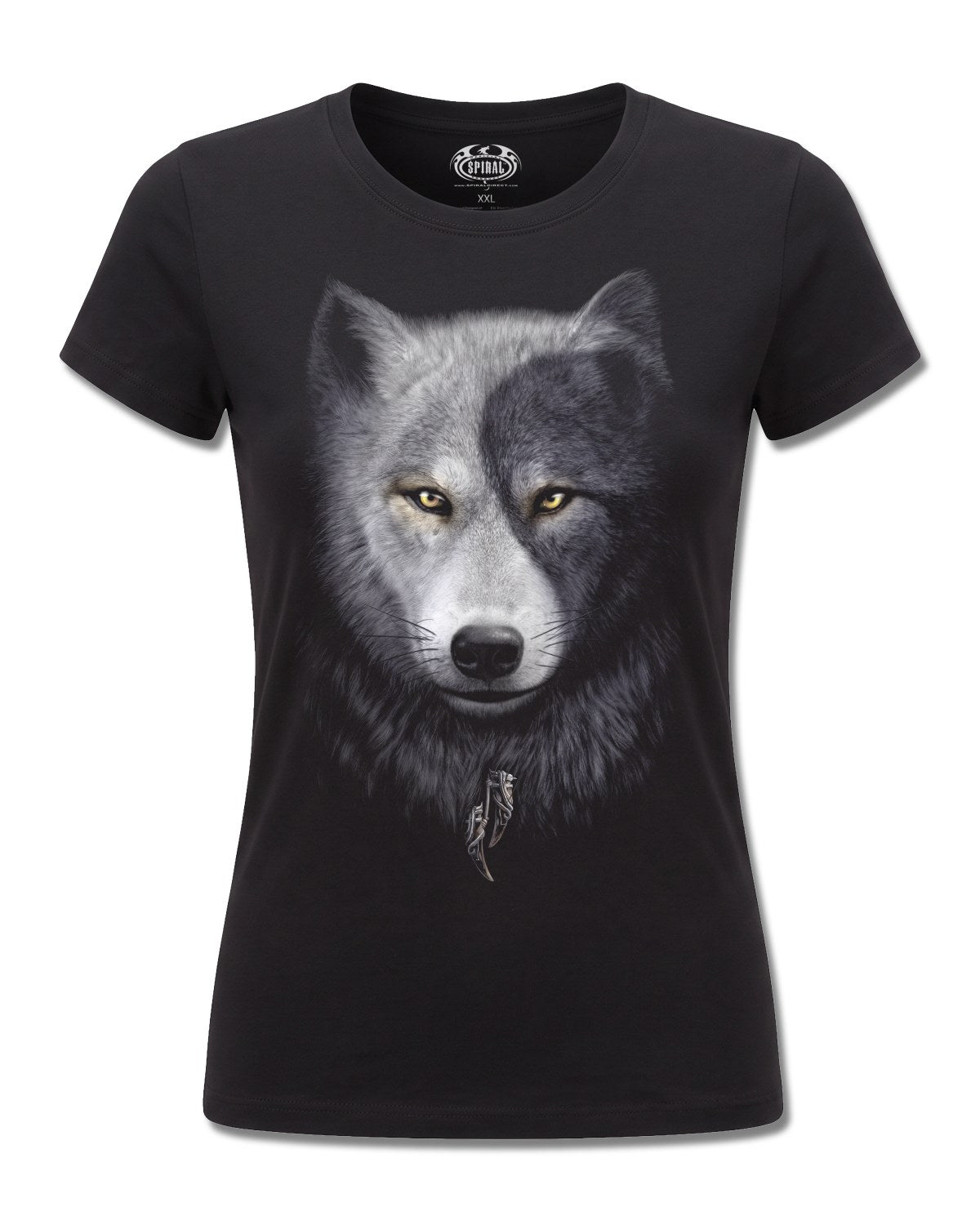 Spiral Wolf Chi design, front view on Black F775, Rock Off Retail official merch