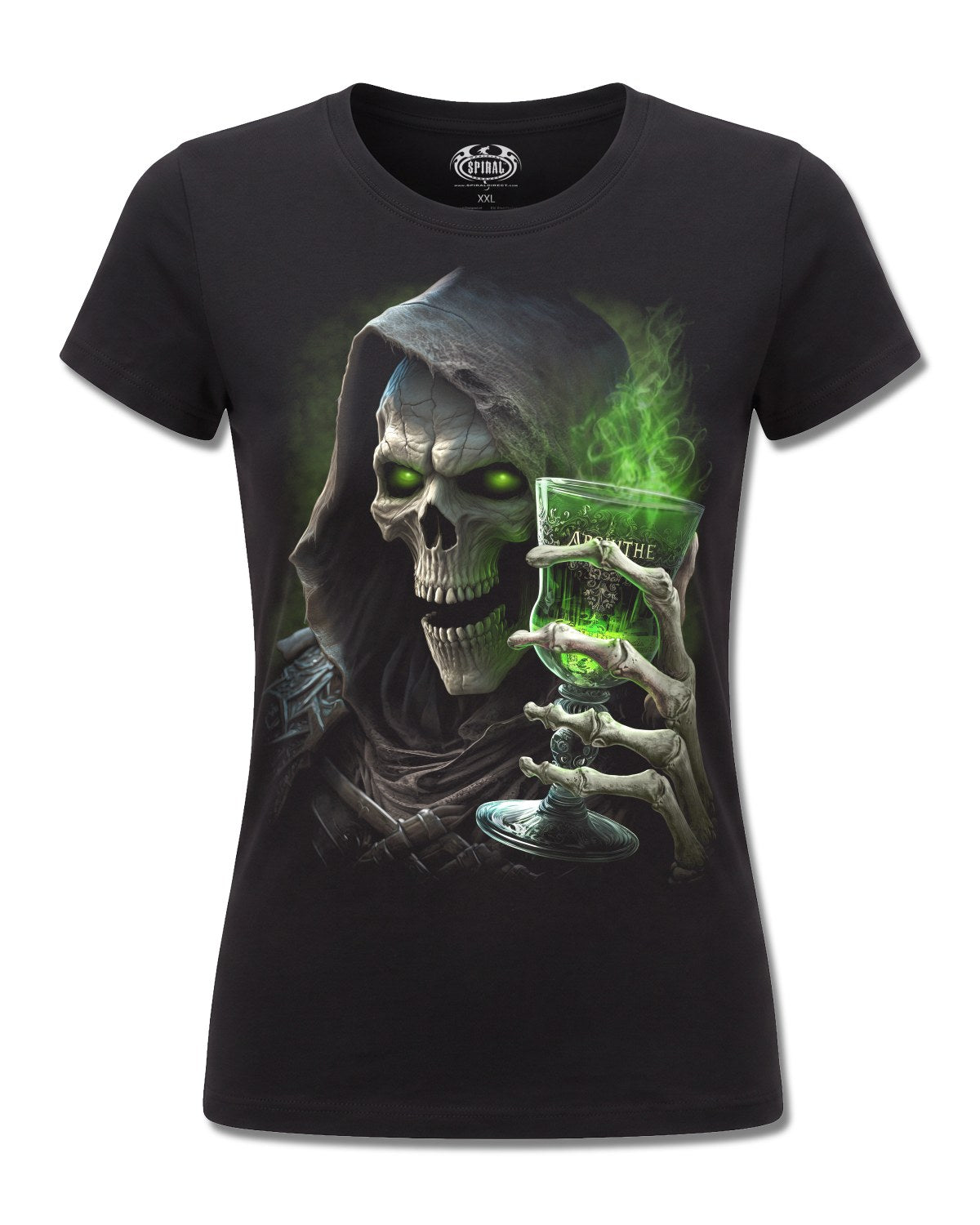 Spiral The Green Fairy design, front view on Black F775, Rock Off Retail official merch