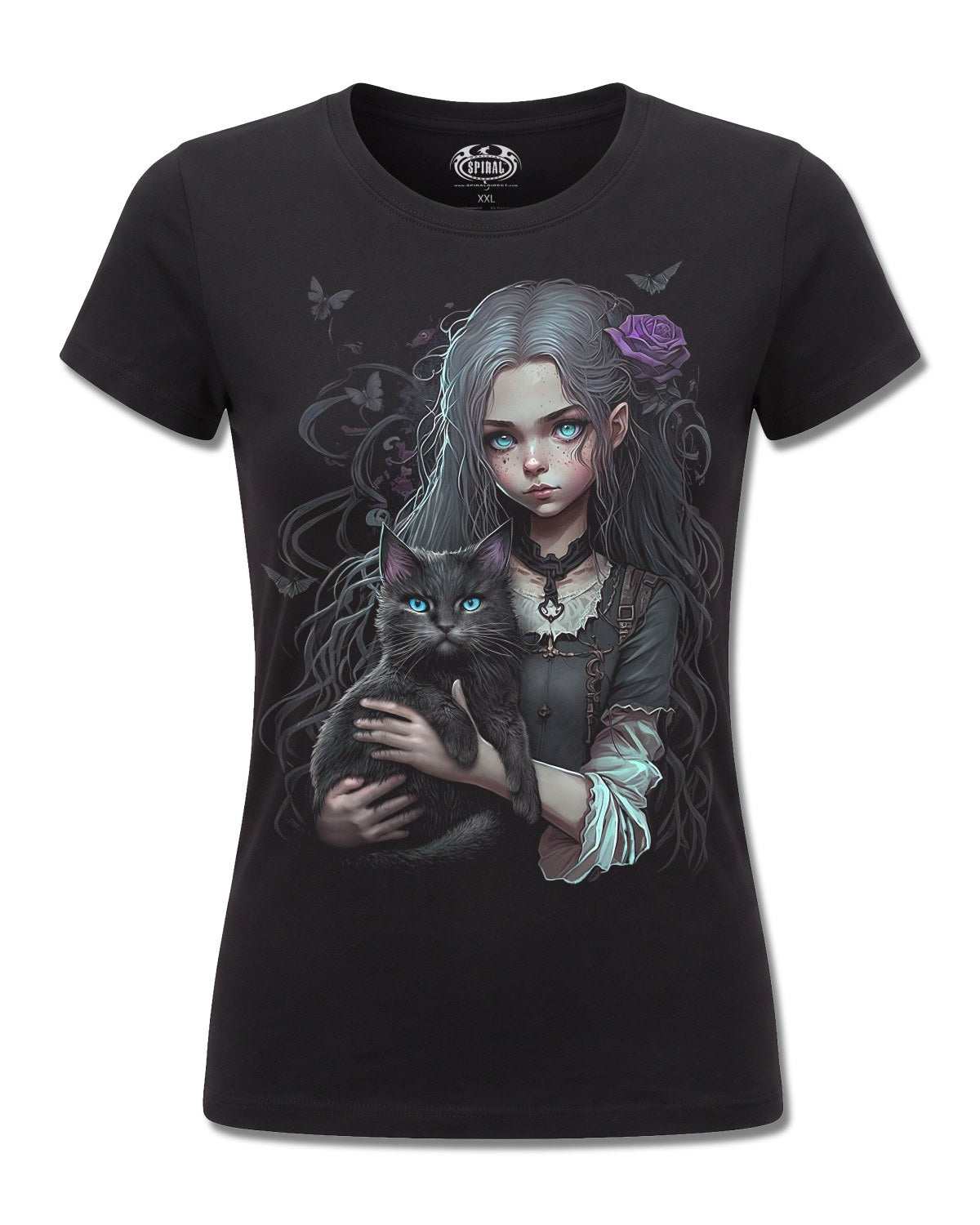 Spiral Goth Familiar design, front view on Black F775, Rock Off Retail official merch