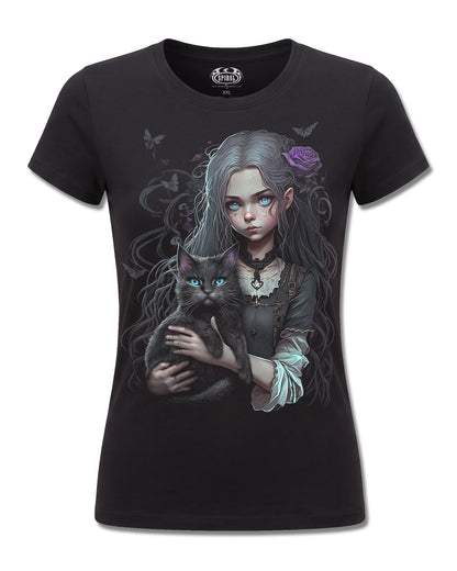 Spiral Goth Familiar design, front view on Black F775, Rock Off Retail official merch