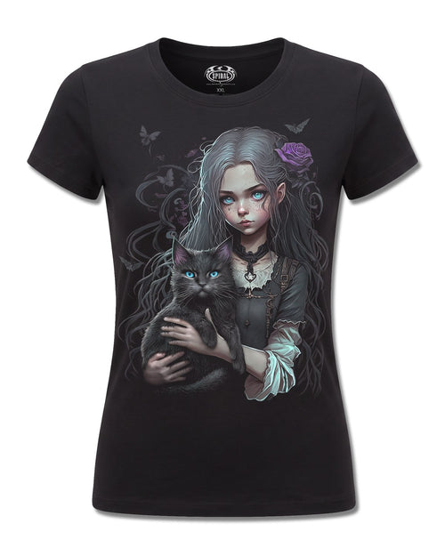 Spiral Goth Familiar design, front view on Black F775, Rock Off Retail official merch