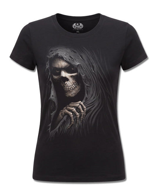 Spiral Grim Ripper design, front view on Black F775, Rock Off Retail official merch
