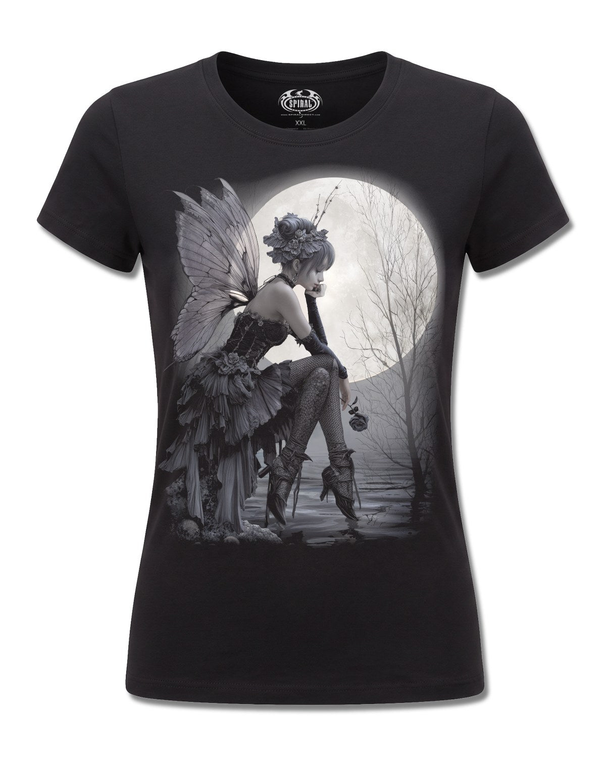 Spiral Reflections design, front view on Black F775, Rock Off Retail official merch