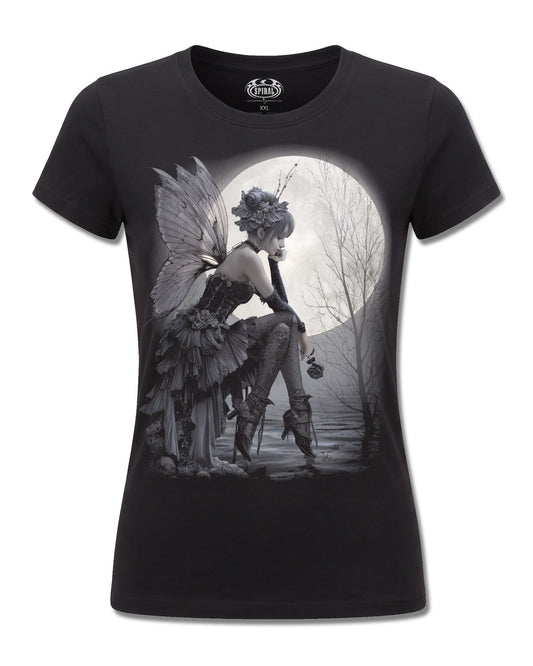 Spiral Reflections design, front view on Black F775, Rock Off Retail official merch