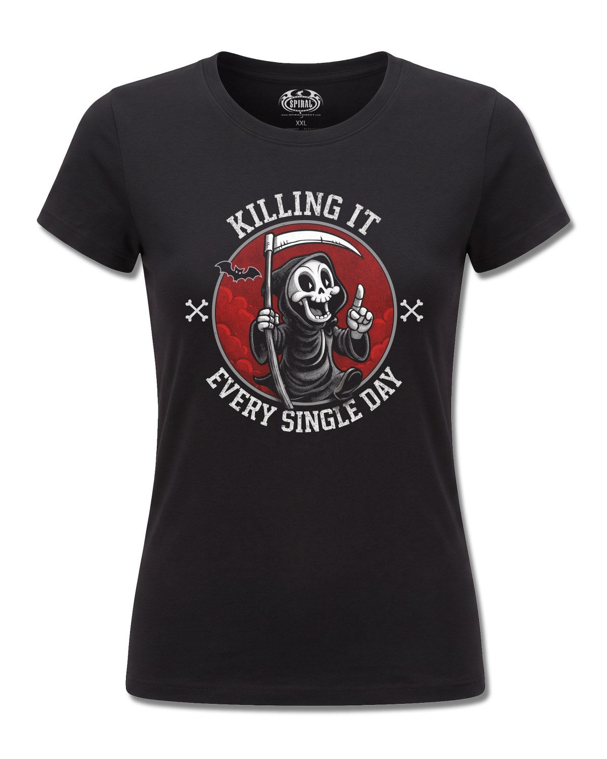 Spiral Killing IT design, front view on Black F775, Rock Off Retail official merch