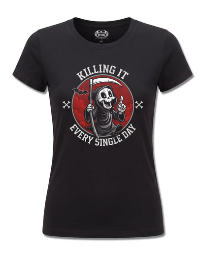 Spiral Killing IT design, front view on Black F775, Rock Off Retail official merch