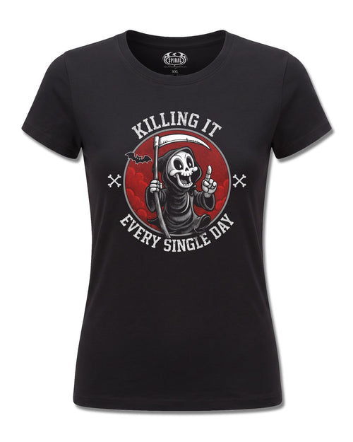 Spiral Killing IT design, front view on Black F775, Rock Off Retail official merch