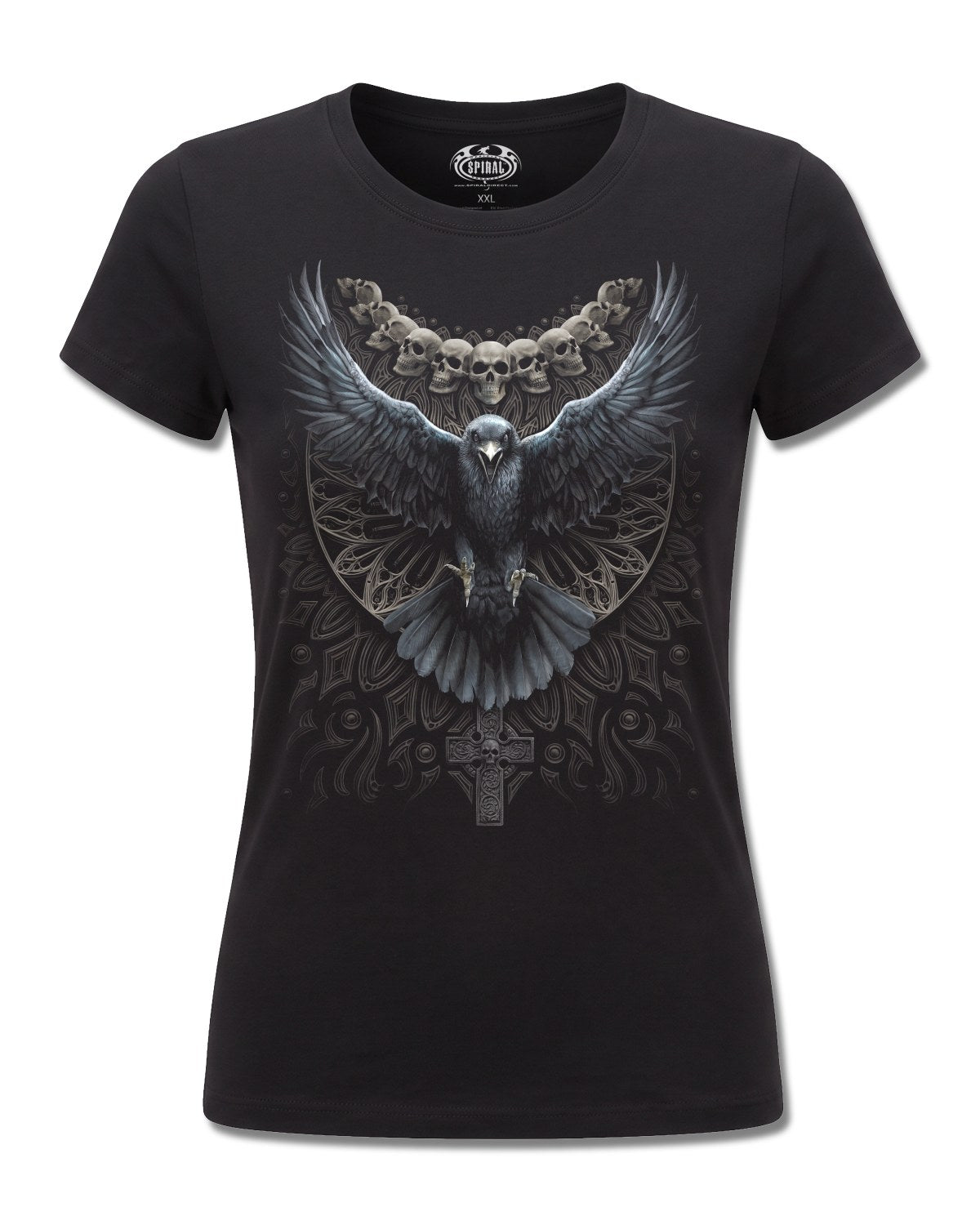 Spiral Raven Skull design, front view on Black F775, Rock Off Retail official merch