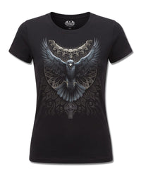 Spiral Raven Skull design, front view on Black F775, Rock Off Retail official merch