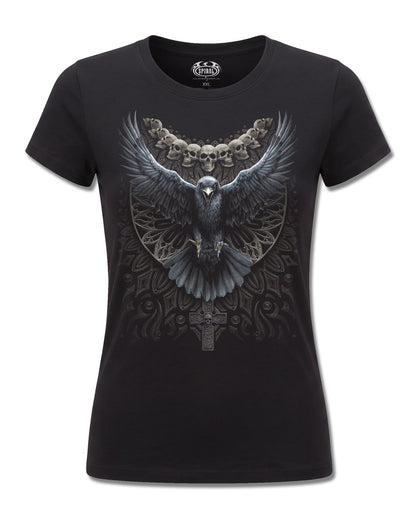 Spiral Raven Skull design, front view on Black F775, Rock Off Retail official merch