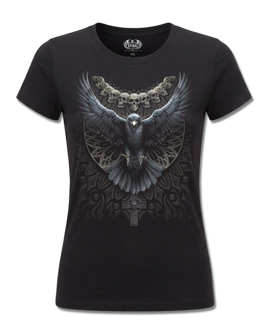 Spiral Raven Skull design, front view on Black F775, Rock Off Retail official merch