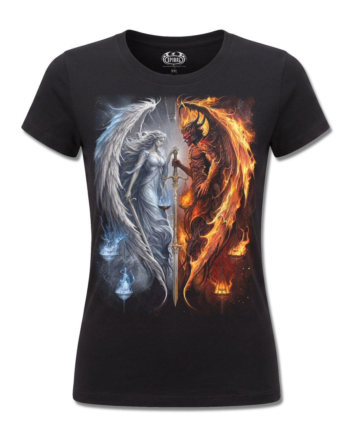 Spiral Angel & Demon design, front view on Black F775, Rock Off Retail official merch