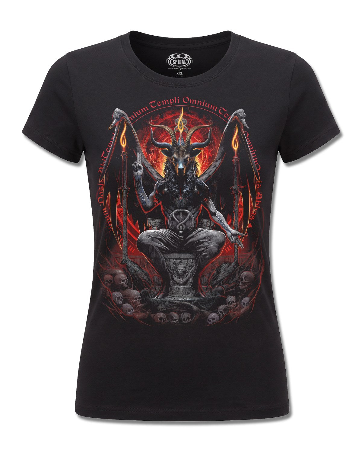 Spiral Baphomet design, front view on Black F775, Rock Off Retail official merch
