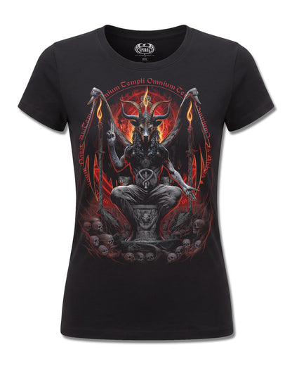 Spiral Baphomet design, front view on Black F775, Rock Off Retail official merch