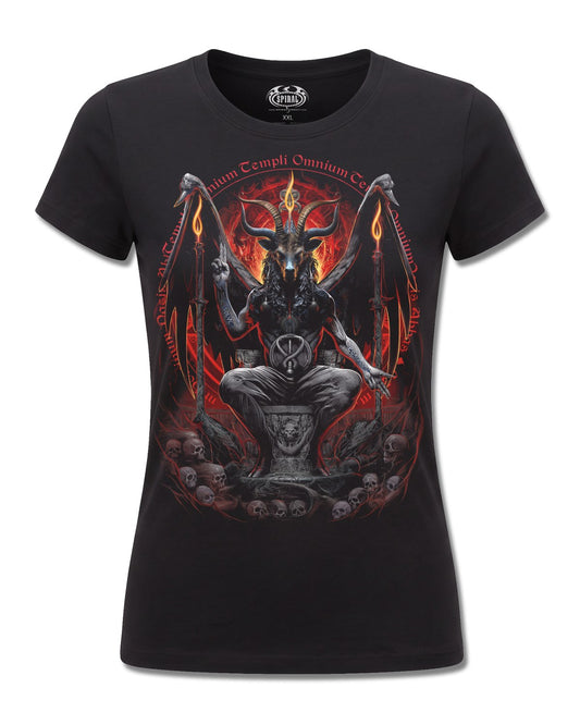 Spiral Baphomet design, front view on Black F775, Rock Off Retail official merch