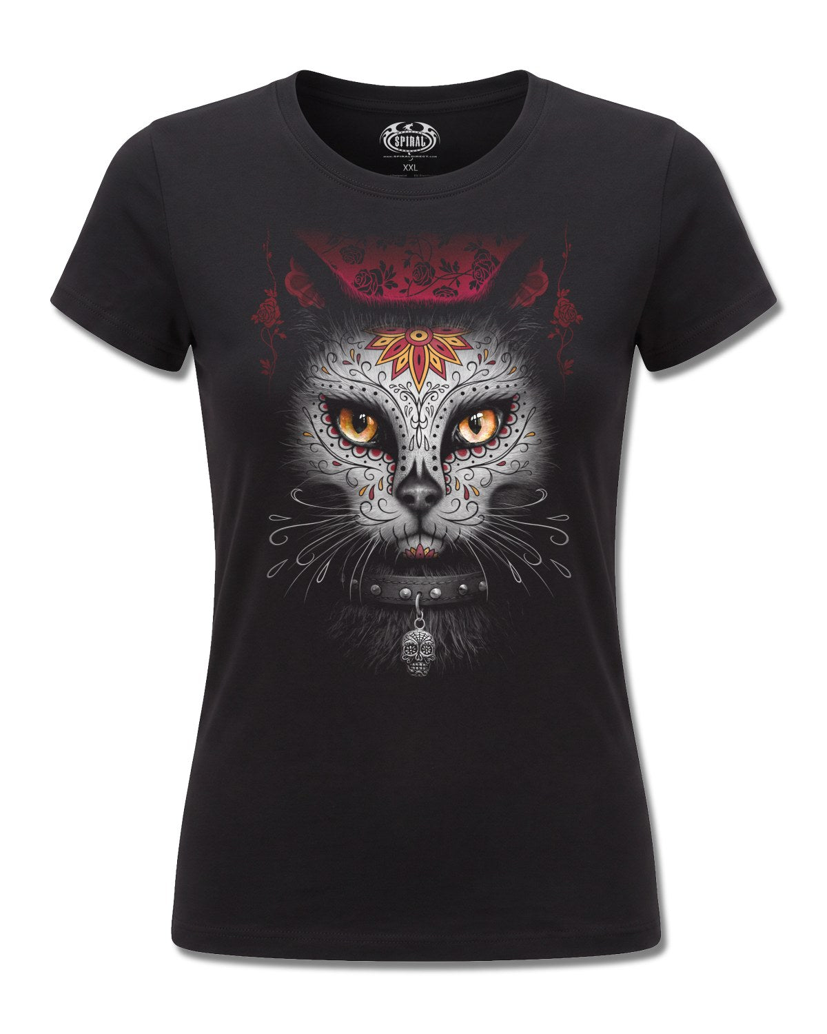 Spiral Catrina design, front view on Black F775, Rock Off Retail official merch